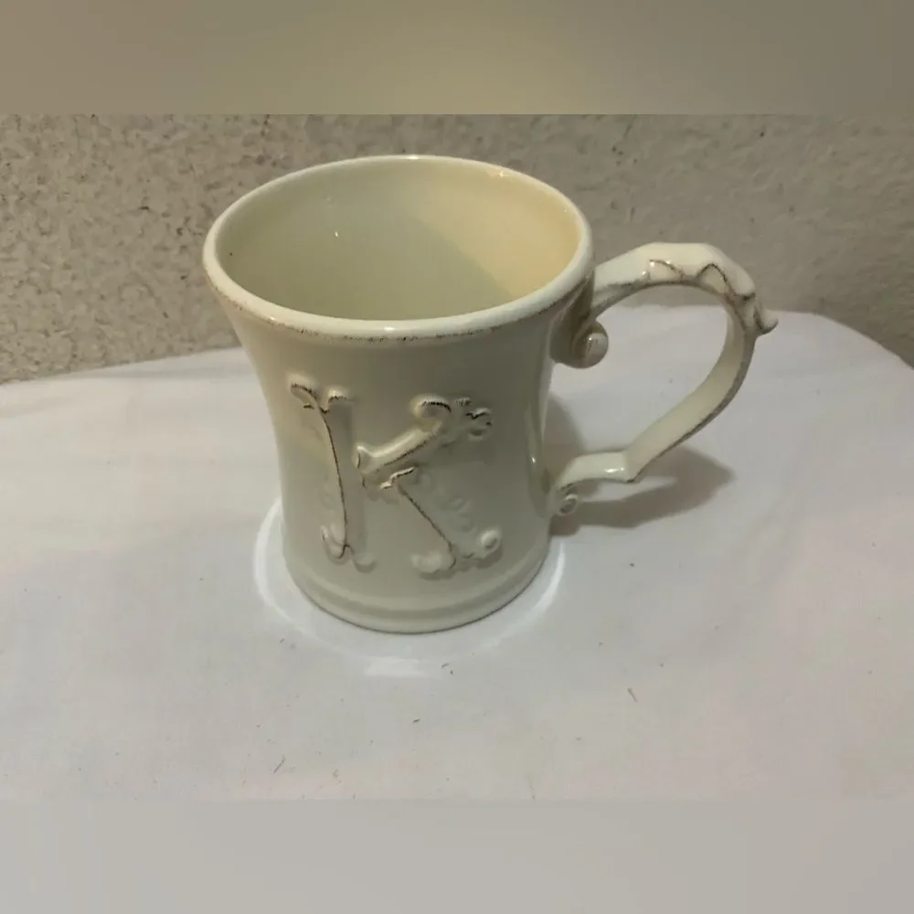 Pier 1 Mug Letter K Monogrammed Antique White Elizabeth Coffee Mug Tea Cup